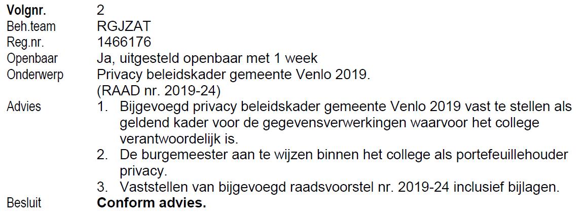 Notulen college Venlo portefeuillehouder privacy 2019
