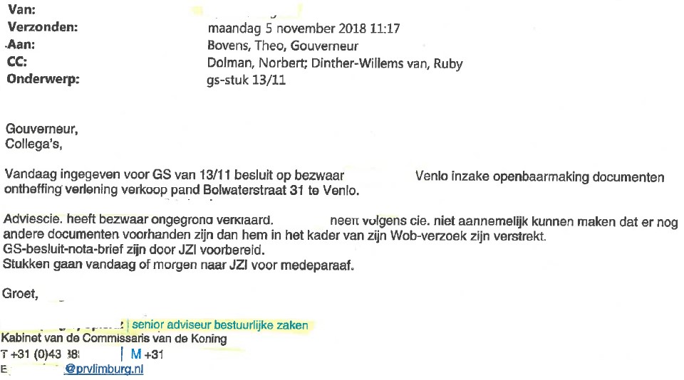 E mail 5 november 2018 gouverneur Theo Bovens ontheffing Martin Camp Venlo